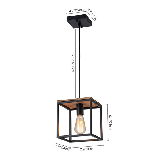 Pendantlightie - Modern Farmhouse 1 - Light Cage Square Pendant With Wood Accents - Pendants - Black -