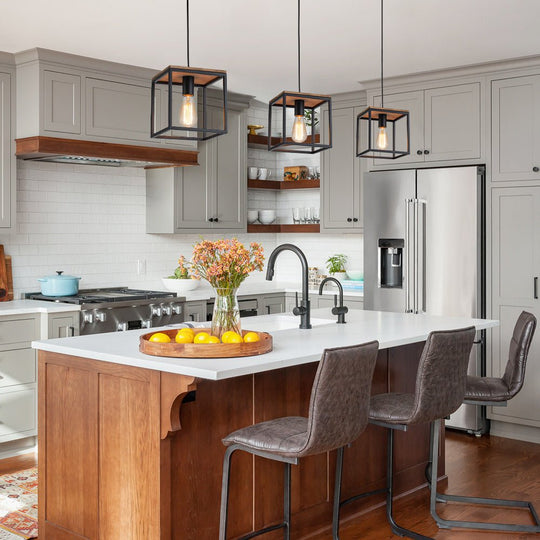 Pendantlightie - Modern Farmhouse 1 - Light Cage Square Pendant With Wood Accents - Pendants - Black -