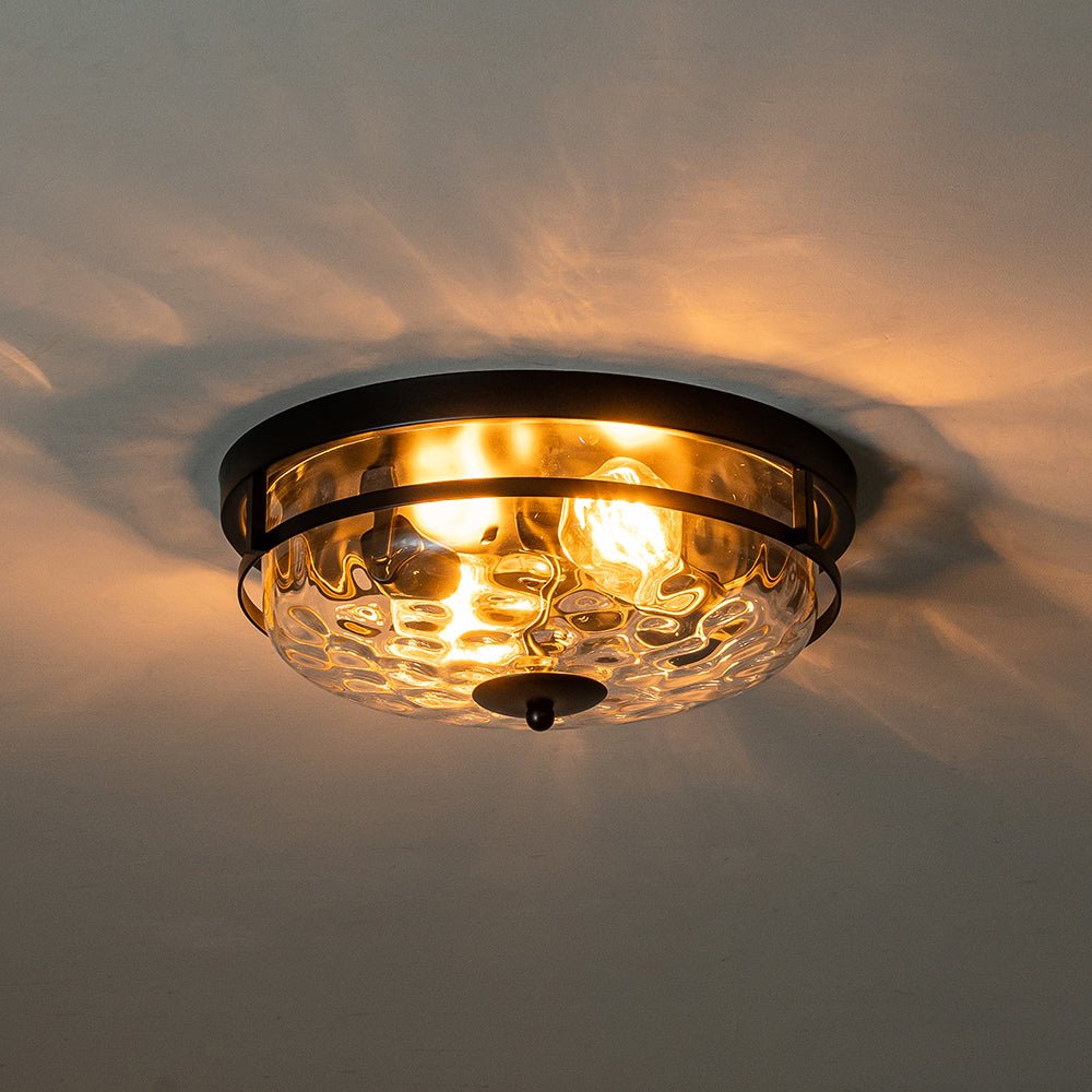Pendantlightie - Modern Farmhouse 2 - Light Hammer Glass Shaded Round Ceiling Light - Flush Mount - Black -
