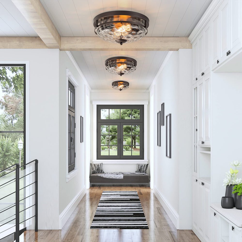 Pendantlightie - Modern Farmhouse 2 - Light Hammer Glass Shaded Round Ceiling Light - Flush Mount - Black -