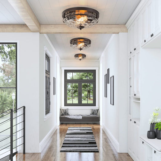 Pendantlightie - Modern Farmhouse 2 - Light Hammer Glass Shaded Round Ceiling Light - Flush Mount - Black -