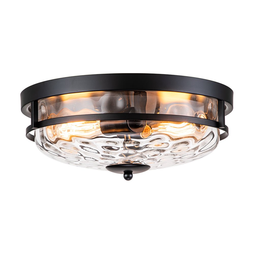 Pendantlightie - Modern Farmhouse 2 - Light Hammer Glass Shaded Round Ceiling Light - Flush Mount - Black -