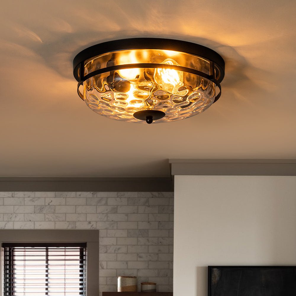 Pendantlightie - Modern Farmhouse 2 - Light Hammer Glass Shaded Round Ceiling Light - Flush Mount - Black -