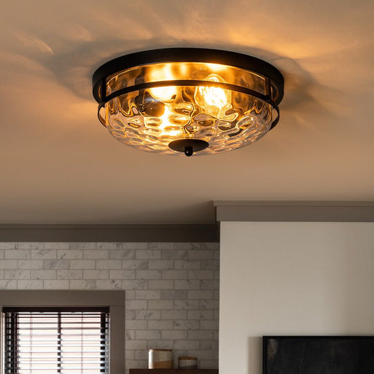 Pendantlightie - Modern Farmhouse 2 - Light Hammer Glass Shaded Round Ceiling Light - Flush Mount - Black -