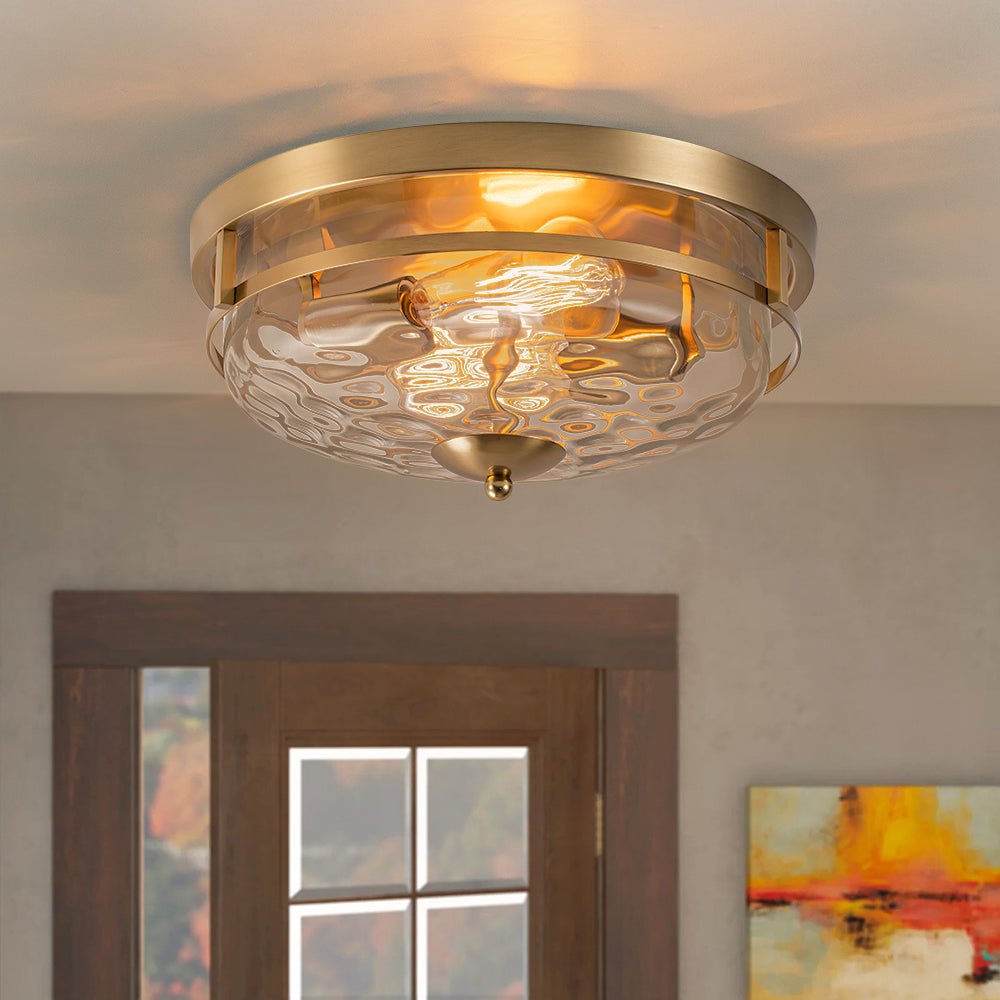 Pendantlightie - Modern Farmhouse 2 - Light Hammer Glass Shaded Round Ceiling Light - Flush Mount - Gold -