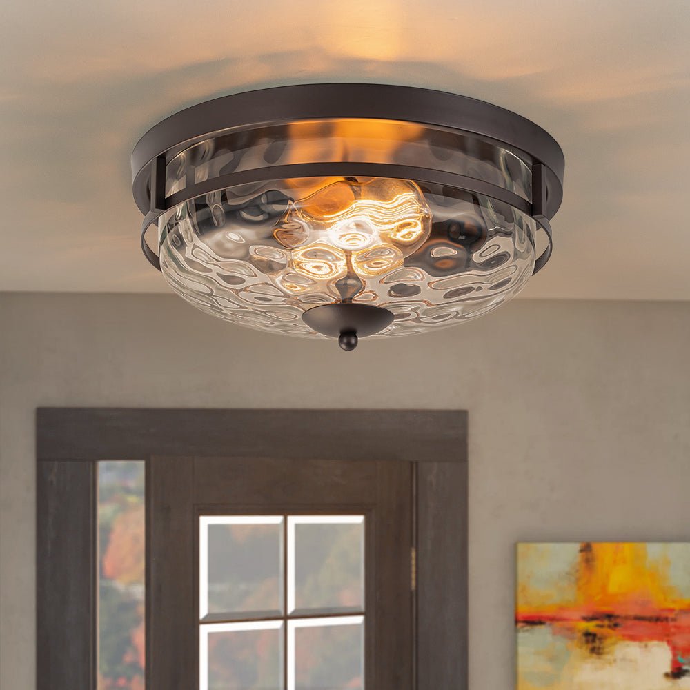 Pendantlightie - Modern Farmhouse 2 - Light Hammer Glass Shaded Round Ceiling Light - Flush Mount - Oil Rubbed Bronze -