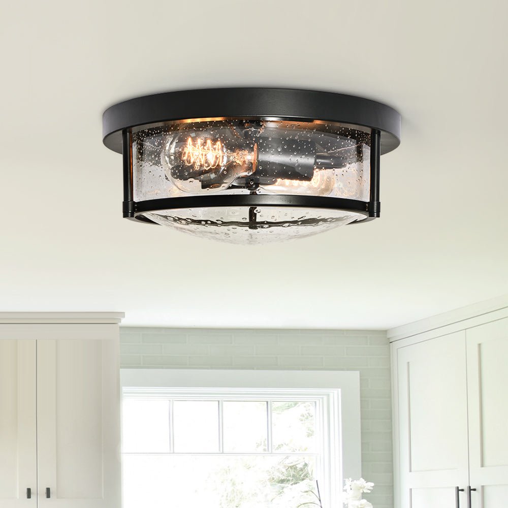 Pendantlightie - Modern Farmhouse 2 - Light Seeded Drum Glass Flush Ceiling Light - Flush Mount - Black -