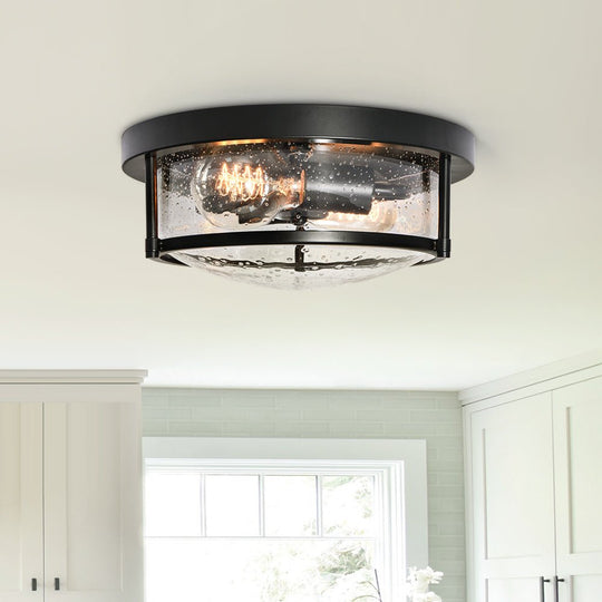 Pendantlightie - Modern Farmhouse 2 - Light Seeded Drum Glass Flush Ceiling Light - Flush Mount - Black -
