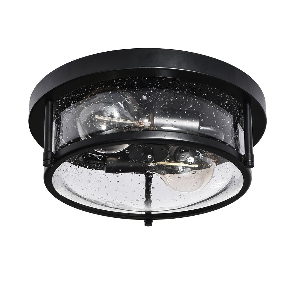 Pendantlightie - Modern Farmhouse 2 - Light Seeded Drum Glass Flush Ceiling Light - Flush Mount - Black -