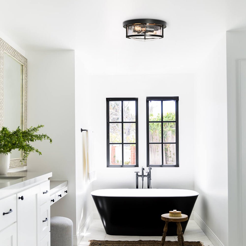 Pendantlightie - Modern Farmhouse 2 - Light Seeded Drum Glass Flush Ceiling Light - Flush Mount - Black -