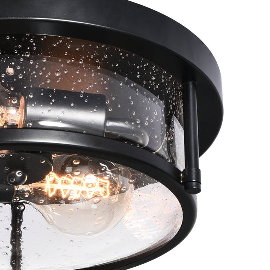 Pendantlightie - Modern Farmhouse 2 - Light Seeded Drum Glass Flush Ceiling Light - Flush Mount - Black -