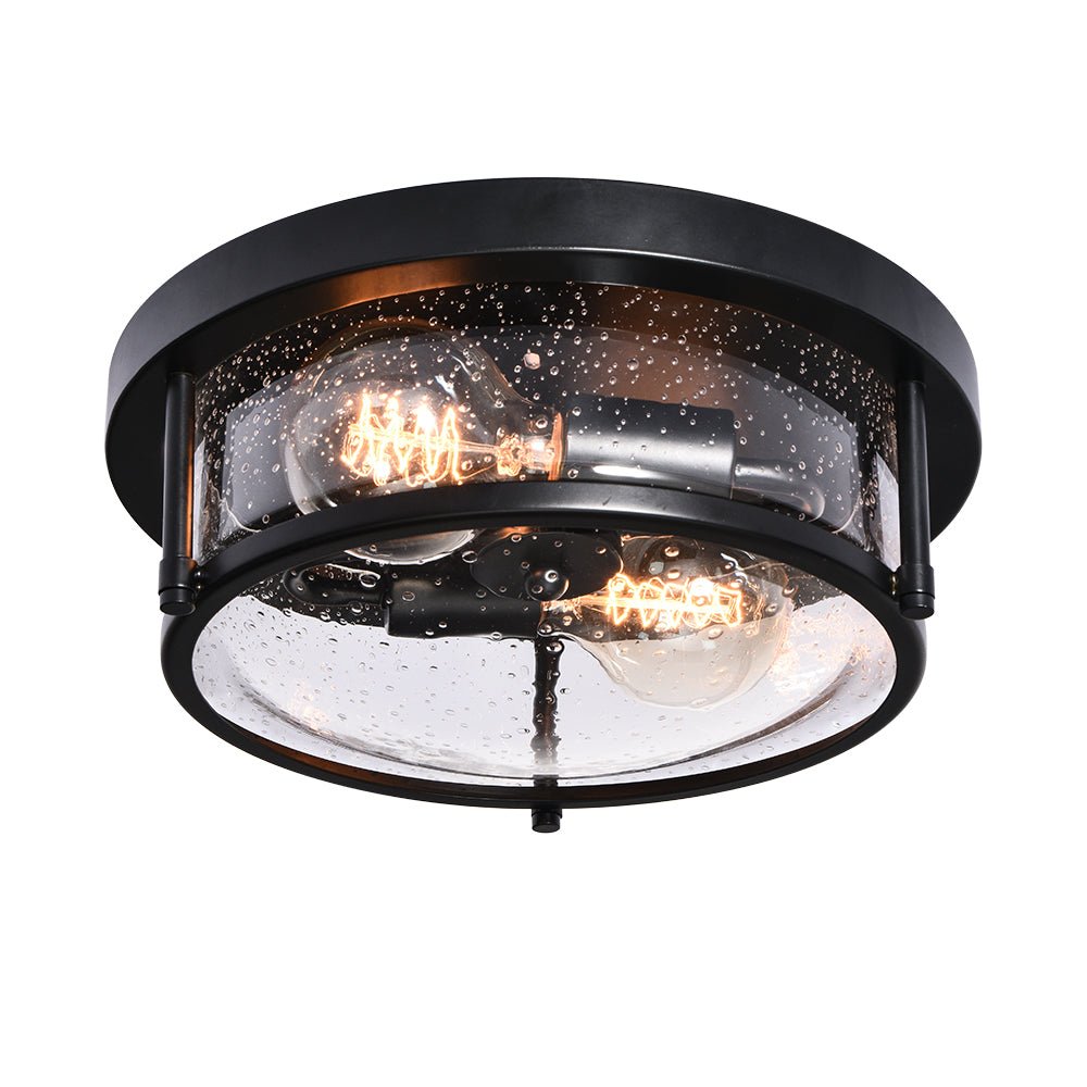 Pendantlightie - Modern Farmhouse 2 - Light Seeded Drum Glass Flush Ceiling Light - Flush Mount - Black -