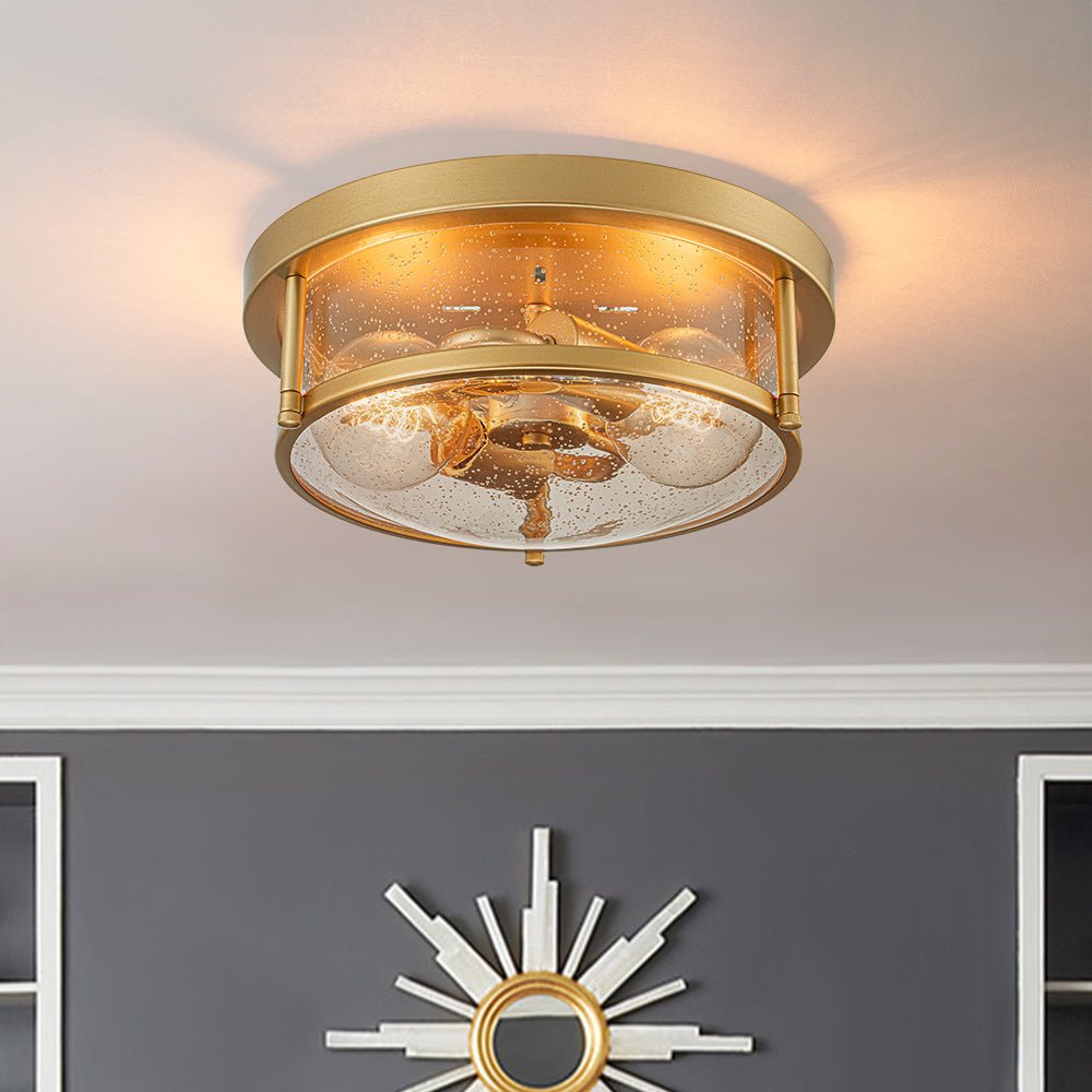 Pendantlightie - Modern Farmhouse 2 - Light Seeded Drum Glass Flush Ceiling Light - Flush Mount - Gold -