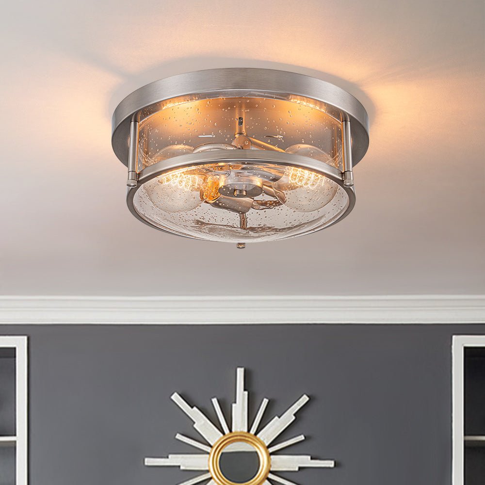 Pendantlightie - Modern Farmhouse 2 - Light Seeded Drum Glass Flush Ceiling Light - Flush Mount - Nickel -