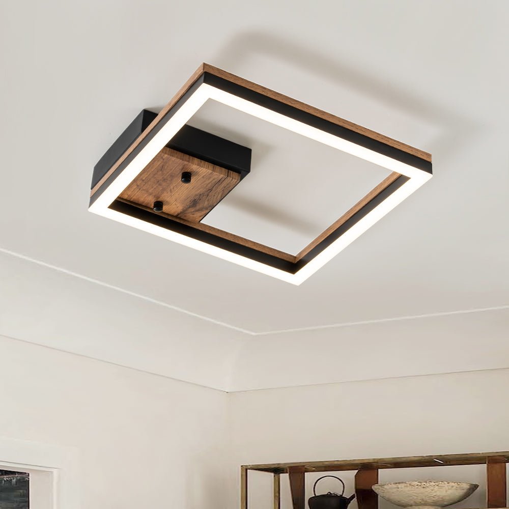 Pendantlightie - Modern Farmhouse Walnut Wood Grain Led Square Ceiling Light - Semi Flush Mount - 1Lt -