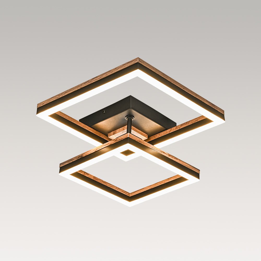 Pendantlightie - Modern Farmhouse Walnut Wood Grain Led Square Ceiling Light - Semi Flush Mount - 2Lt -