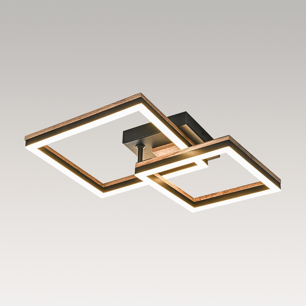 Pendantlightie - Modern Farmhouse Walnut Wood Grain Led Square Ceiling Light - Semi Flush Mount - 2Lt -