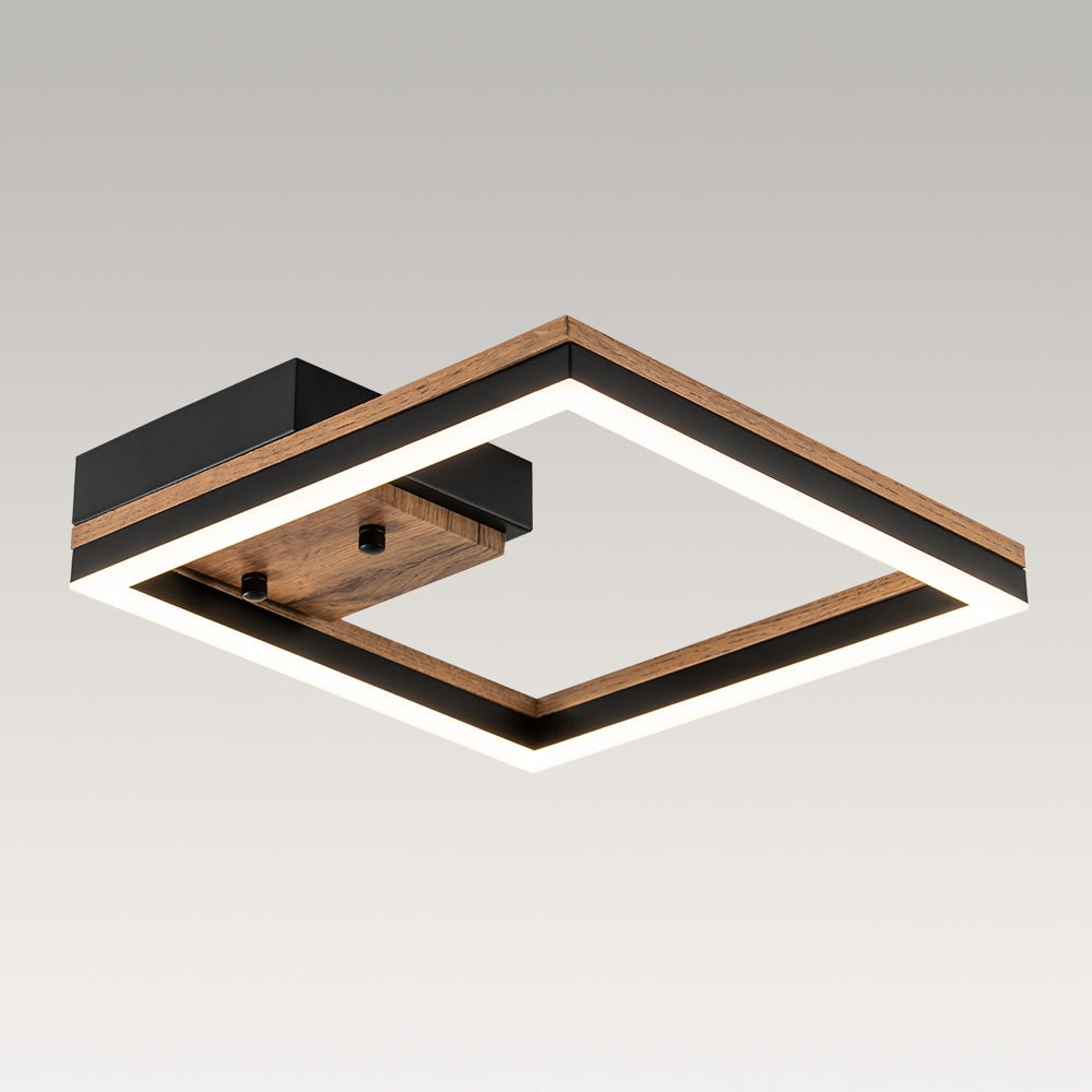 Pendantlightie - Modern Farmhouse Walnut Wood Grain Led Square Ceiling Light - Semi Flush Mount - 2Lt -