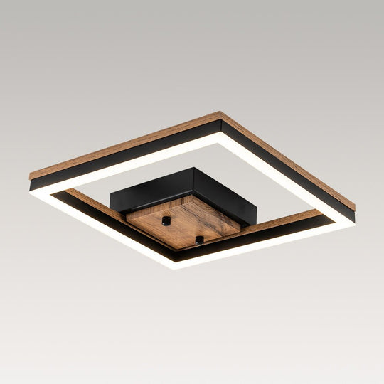 Pendantlightie - Modern Farmhouse Walnut Wood Grain Led Square Ceiling Light - Semi Flush Mount - 2Lt -