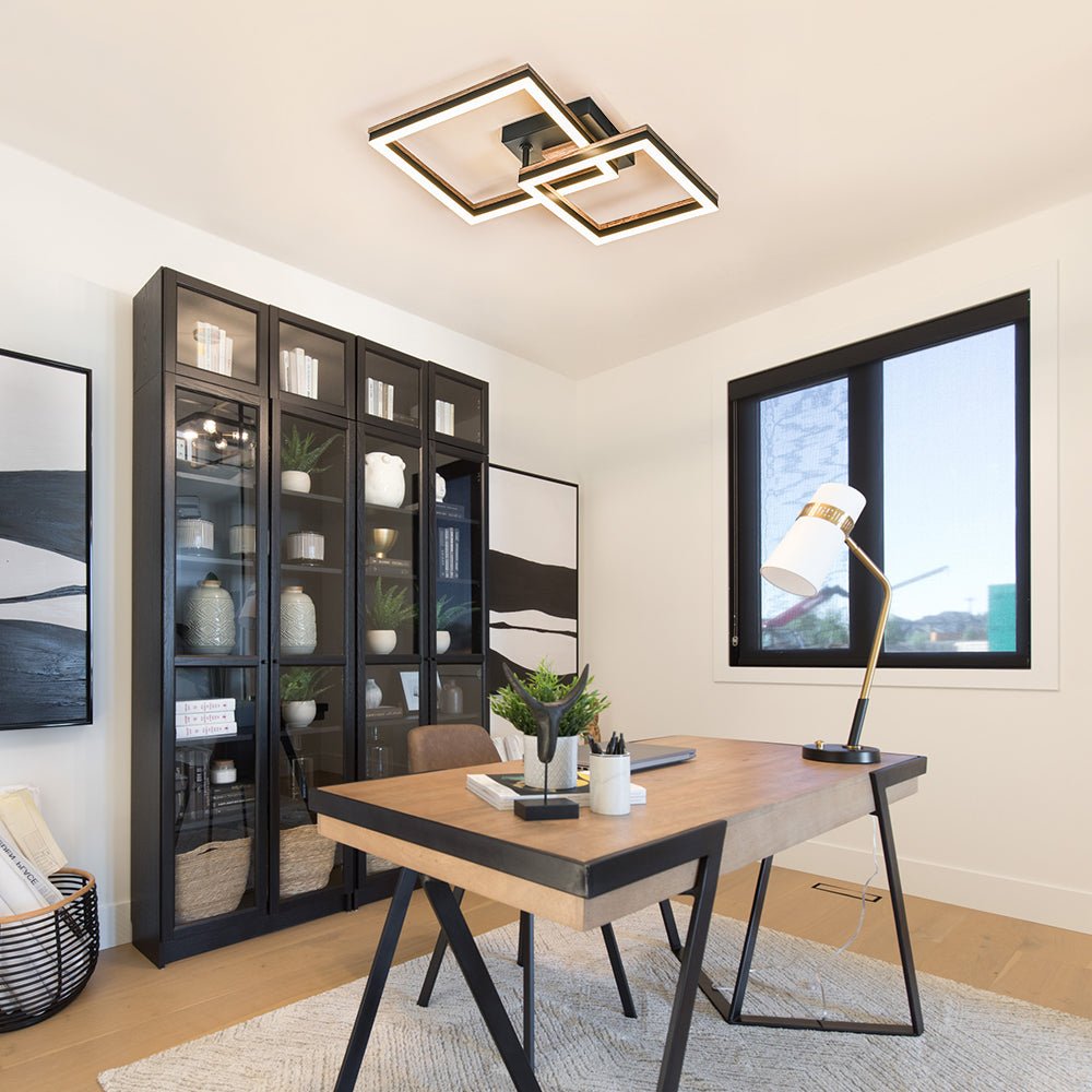 Pendantlightie - Modern Farmhouse Walnut Wood Grain Led Square Ceiling Light - Semi Flush Mount - 2Lt -