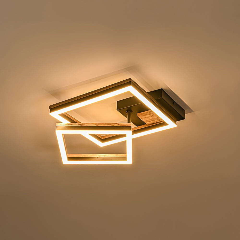 Pendantlightie - Modern Farmhouse Walnut Wood Grain Led Square Ceiling Light - Semi Flush Mount - 2Lt -