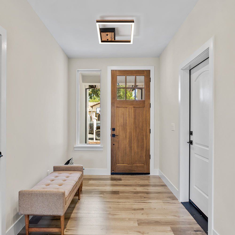 Pendantlightie - Modern Farmhouse Walnut Wood Grain Led Square Ceiling Light - Semi Flush Mount - 2Lt -