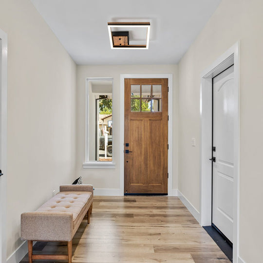 Pendantlightie - Modern Farmhouse Walnut Wood Grain Led Square Ceiling Light - Semi Flush Mount - 2Lt -