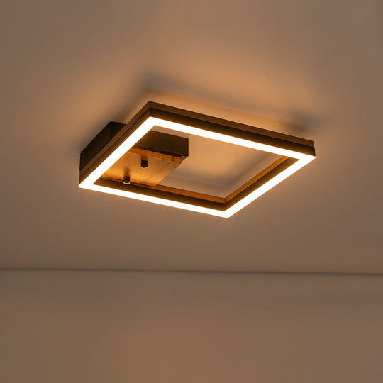 Pendantlightie - Modern Farmhouse Walnut Wood Grain Led Square Ceiling Light - Semi Flush Mount - 2Lt -