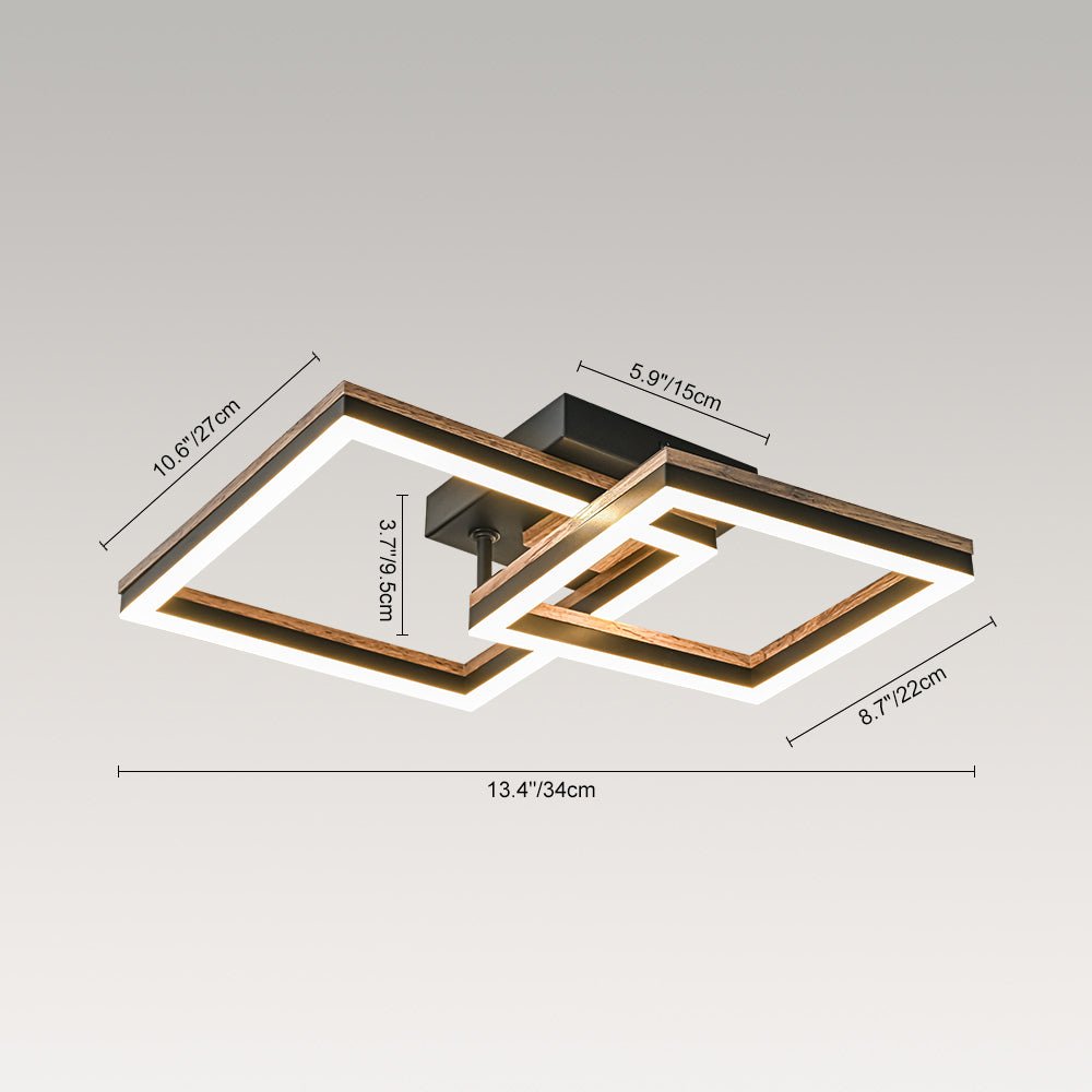 Pendantlightie - Modern Farmhouse Walnut Wood Grain Led Square Ceiling Light - Semi Flush Mount - 2Lt -
