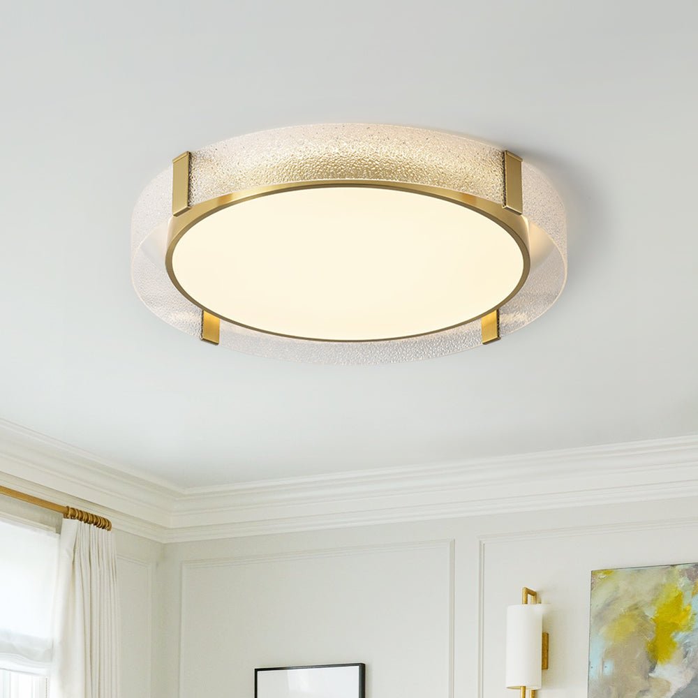 Pendantlightie-Modern Luxury Round Rippled Glass Led Ceiling Light-Flush Mount-Brass-