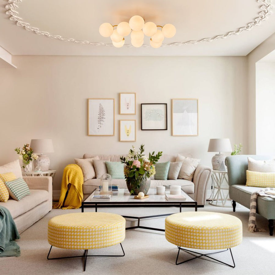 Pendantlightie - Modern Mid - Century 11 - Light Sputnik Glass Globe Semi Flush Mount - Semi Flush Mount - Brass -