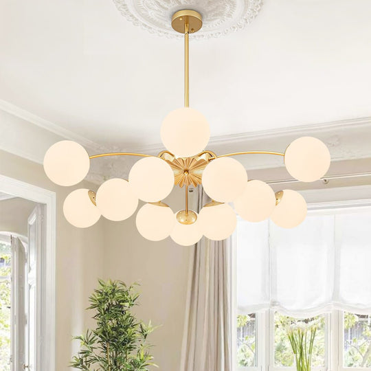 Pendantlightie - Modern Mid - Century 12 - Light Glass Globe Sputnik Chandelier - Chandeliers - Brass -