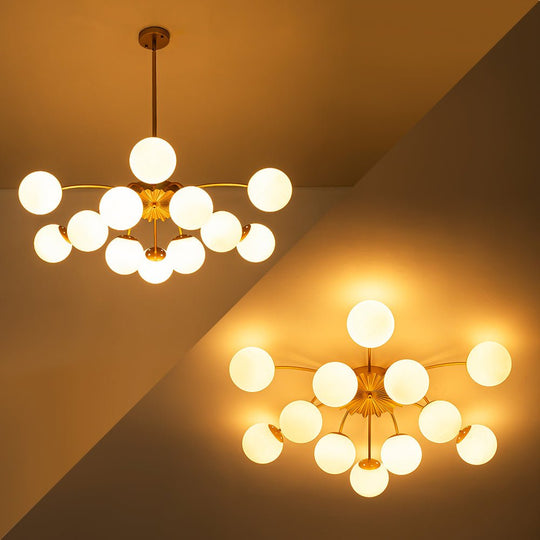 Pendantlightie - Modern Mid - Century 12 - Light Glass Globe Sputnik Chandelier - Chandeliers - Brass -