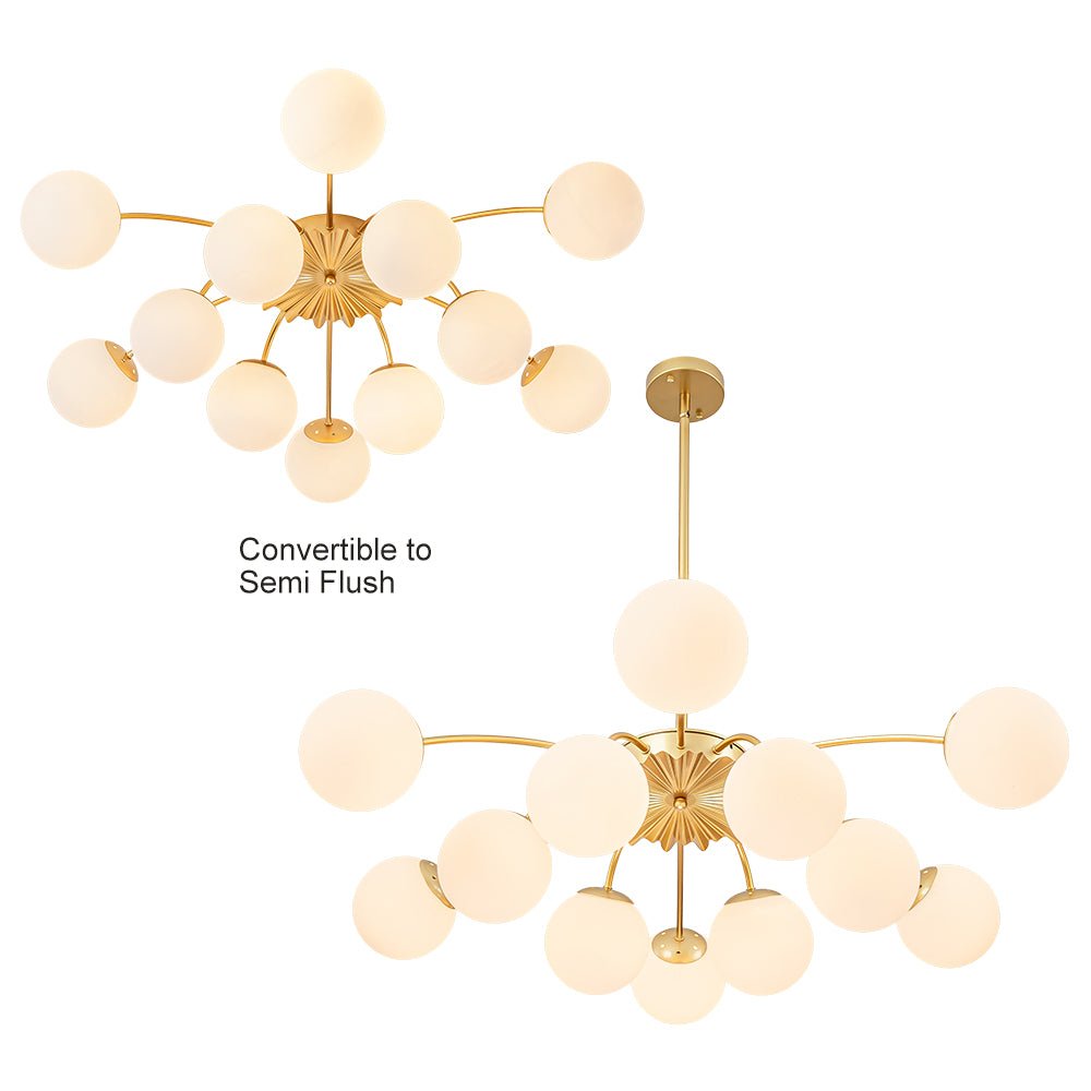 Pendantlightie - Modern Mid - Century 12 - Light Glass Globe Sputnik Chandelier - Chandeliers - Brass -