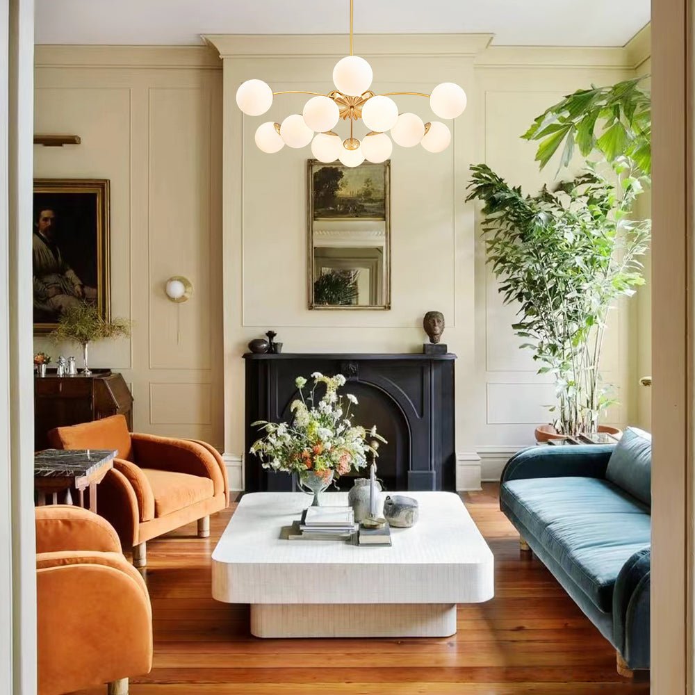 Pendantlightie - Modern Mid - Century 12 - Light Glass Globe Sputnik Chandelier - Chandeliers - Brass -