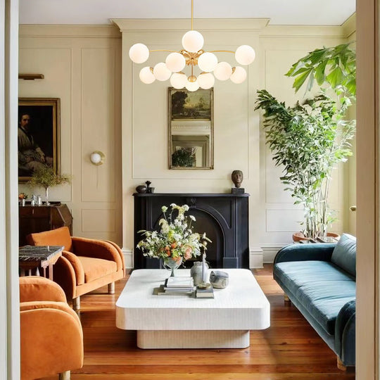 Pendantlightie - Modern Mid - Century 12 - Light Glass Globe Sputnik Chandelier - Chandeliers - Brass -