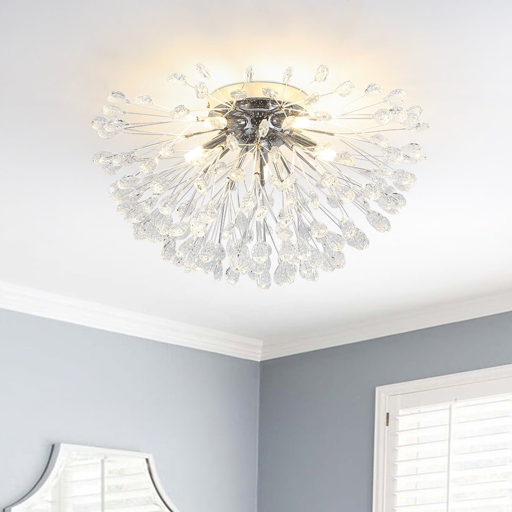 Pendantlightie - Modern Mid - Century 5 - Light Crystal Firework Flower Semi Flush Mount - Semi Flush Mount - Chrome -