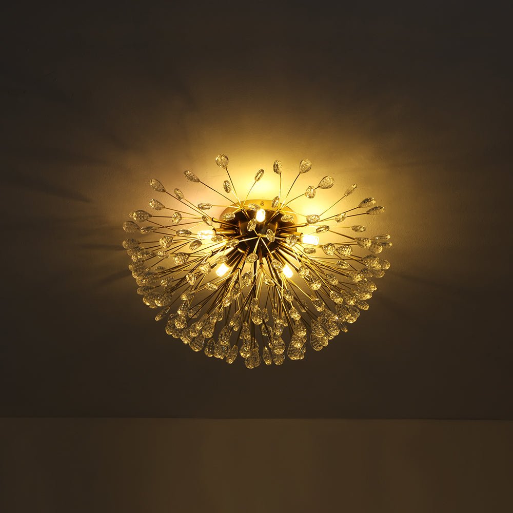Pendantlightie - Modern Mid - Century 5 - Light Crystal Firework Flower Semi Flush Mount - Semi Flush Mount - Gold -