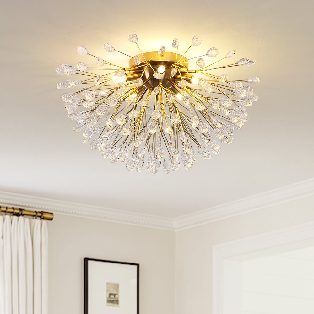Pendantlightie - Modern Mid - Century 5 - Light Crystal Firework Flower Semi Flush Mount - Semi Flush Mount - Gold -