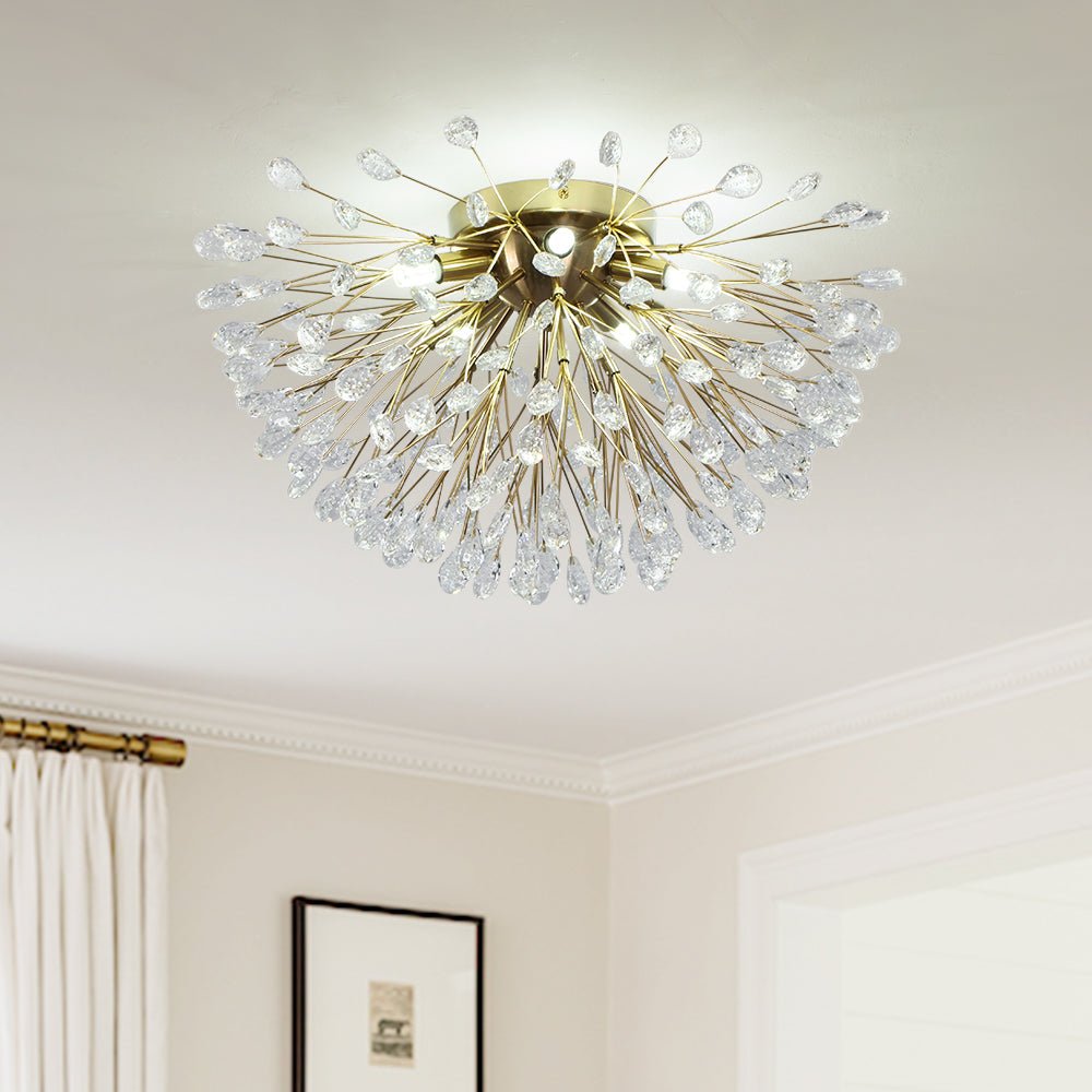 Pendantlightie - Modern Mid - Century 5 - Light Crystal Firework Flower Semi Flush Mount - Semi Flush Mount - Gold -