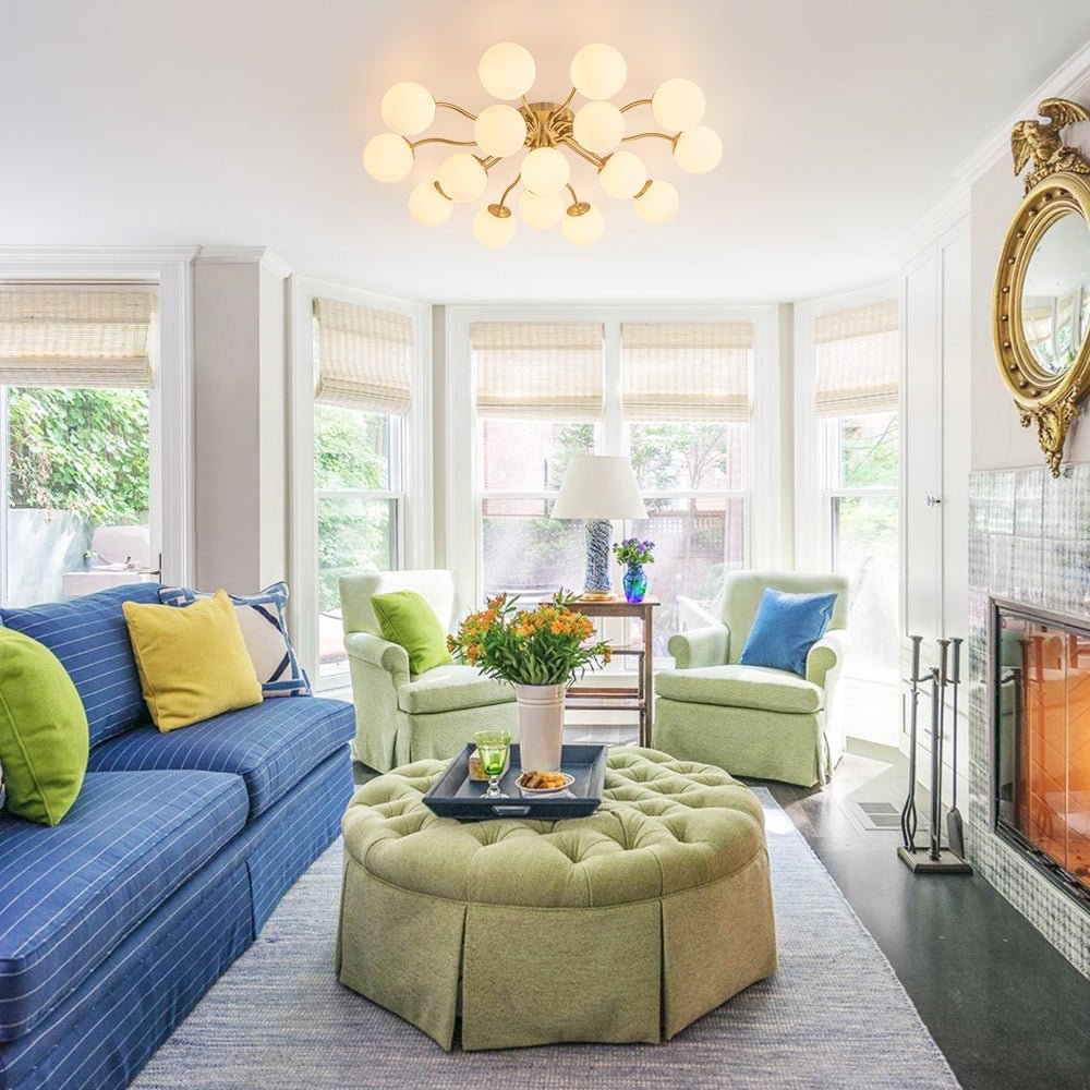 Pendantlightie - Modern Mid - Century Sputnik Glass Globe Semi Flush Mount - Semi Flush Mount - Brass - 6Lt