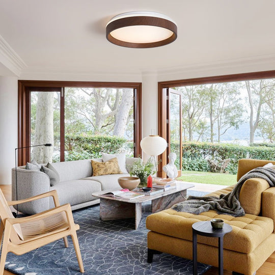 Pendantlightie-Modern Walnut Wooden Textured Round Led Ceiling Light-Flush Mount-Warm White Light-