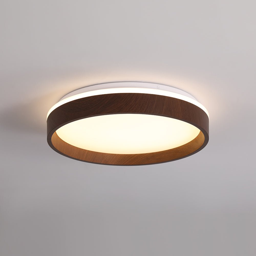 Pendantlightie-Modern Walnut Wooden Textured Round Led Ceiling Light-Flush Mount-Warm White Light-