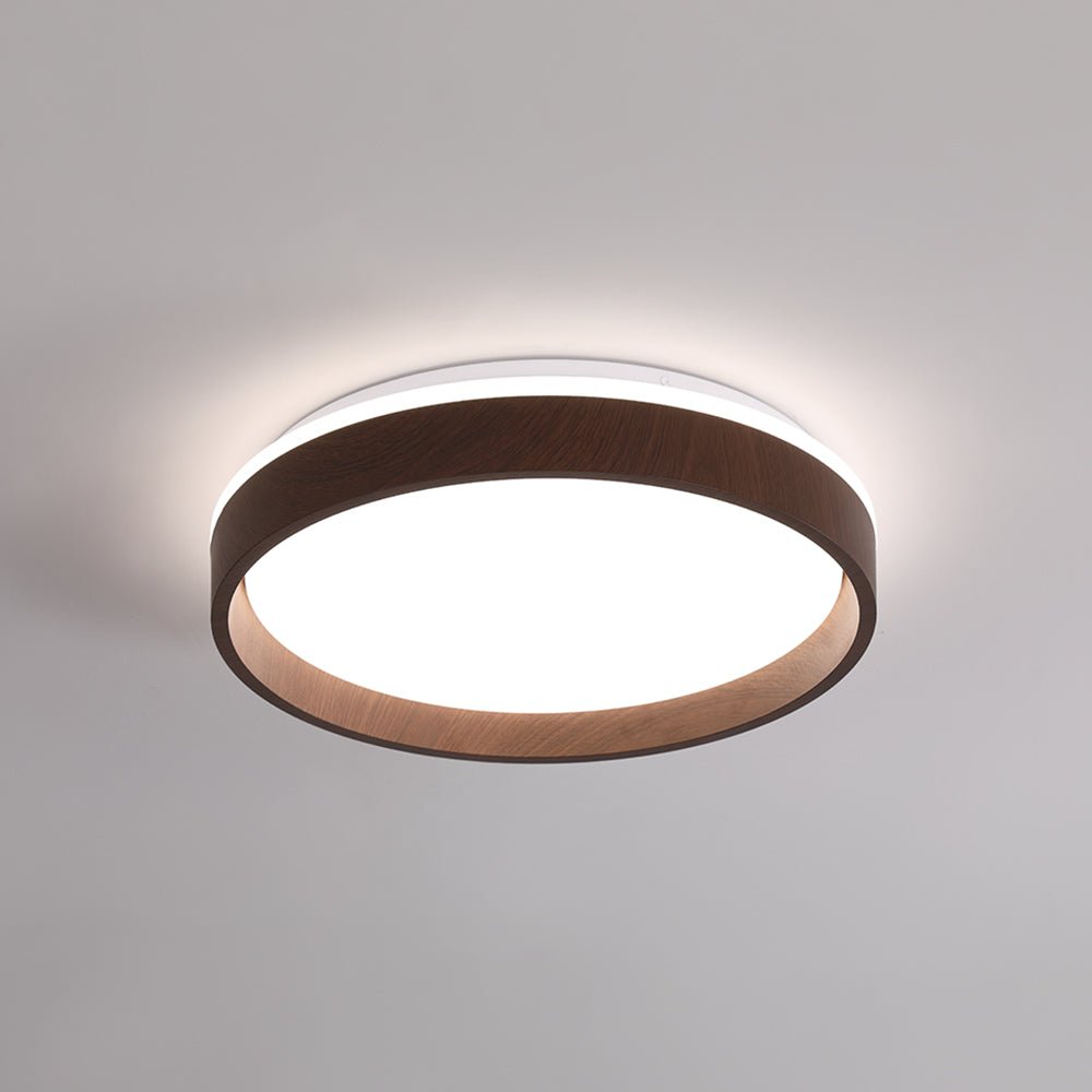 Pendantlightie-Modern Walnut Wooden Textured Round Led Ceiling Light-Flush Mount-Warm White Light-