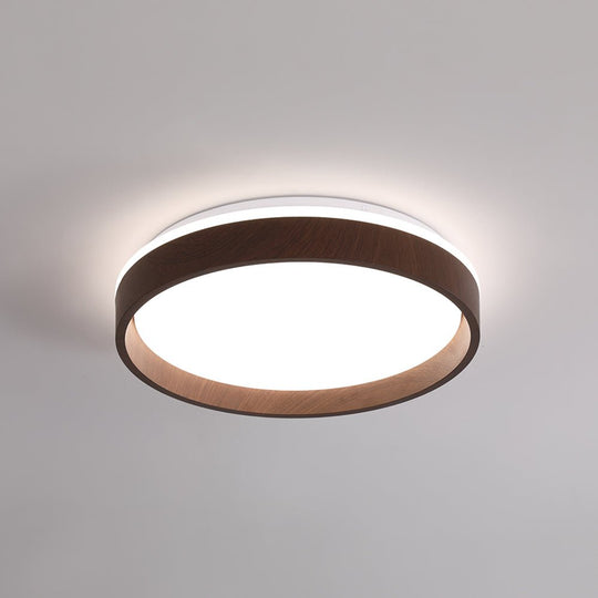Pendantlightie-Modern Walnut Wooden Textured Round Led Ceiling Light-Flush Mount-Warm White Light-
