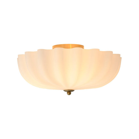 Pendantlightie - Nordic 3 - Light Cream Glass Flower Frosted Scalloped Semi Flush Mount - Semi Flush Mount - Gold -