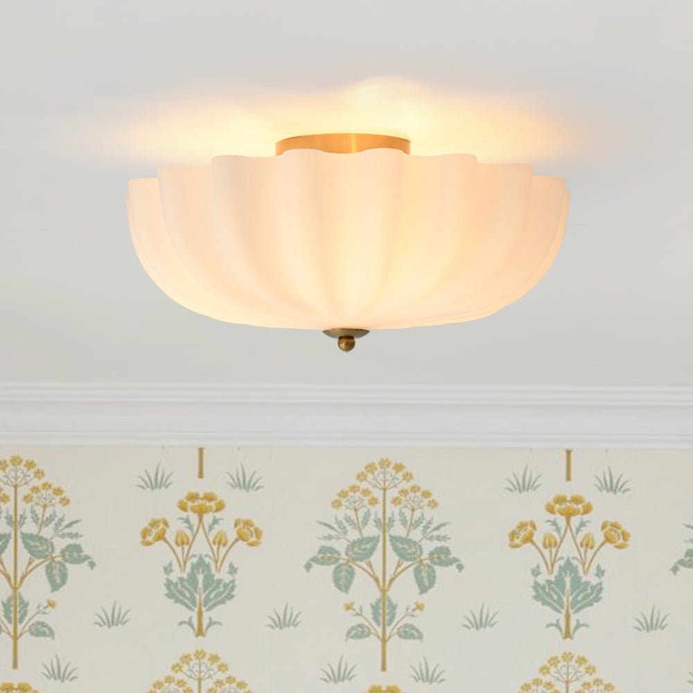 Pendantlightie - Nordic 3 - Light Cream Glass Flower Frosted Scalloped Semi Flush Mount - Semi Flush Mount - Gold -