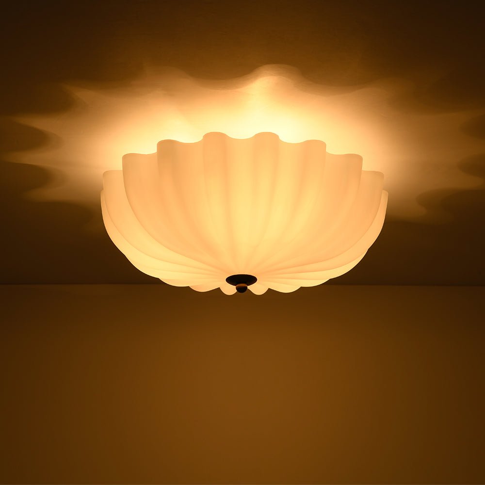 Pendantlightie - Nordic 3 - Light Cream Glass Flower Frosted Scalloped Semi Flush Mount - Semi Flush Mount - Gold -