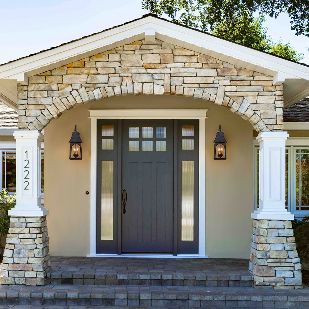 Pendantlightie - Retro 3 - Light Clear Glass House Lantern Outdoor Wall Sconce - Outdoor Wall Light - Black -