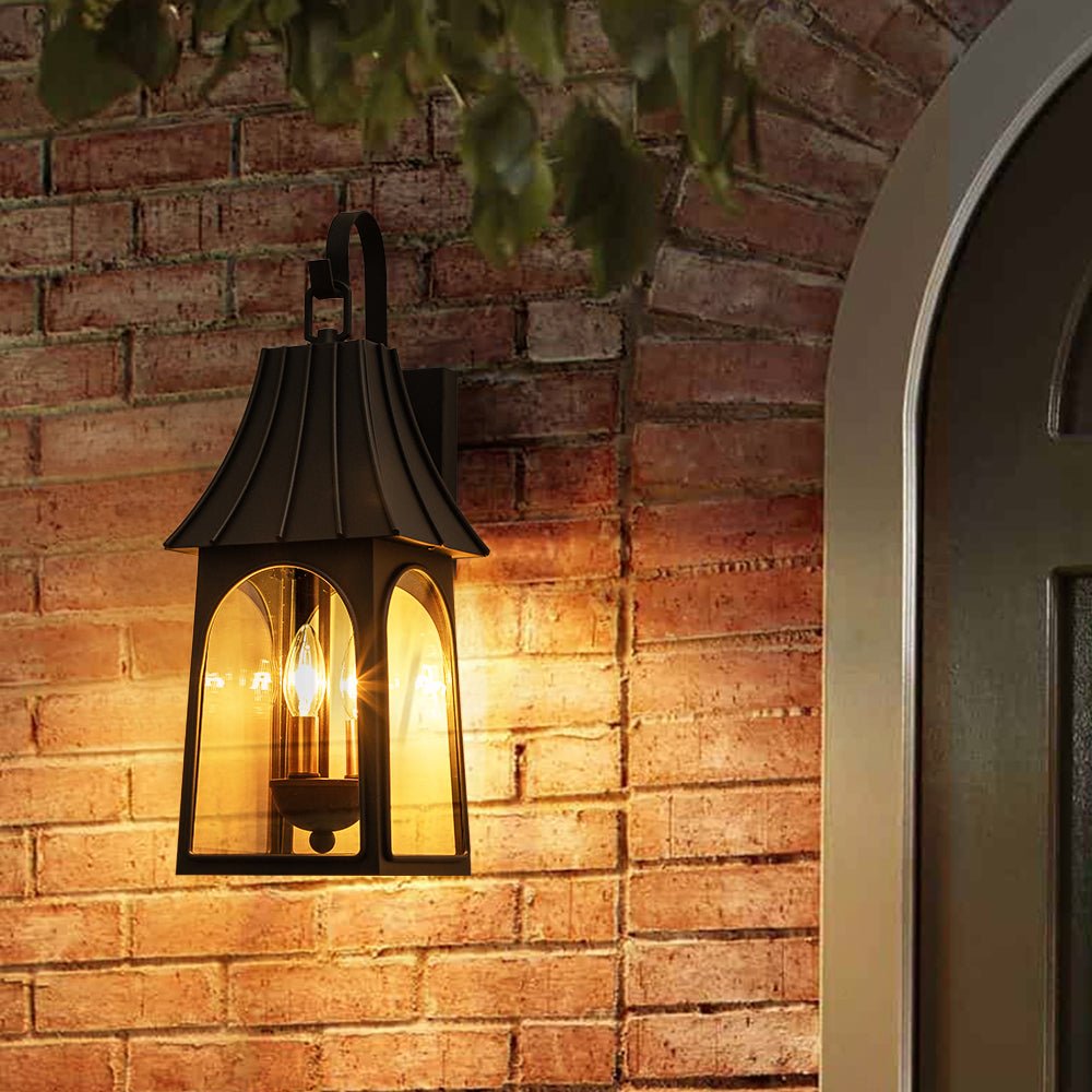 Pendantlightie - Retro 3 - Light Clear Glass House Lantern Outdoor Wall Sconce - Outdoor Wall Light - Black -